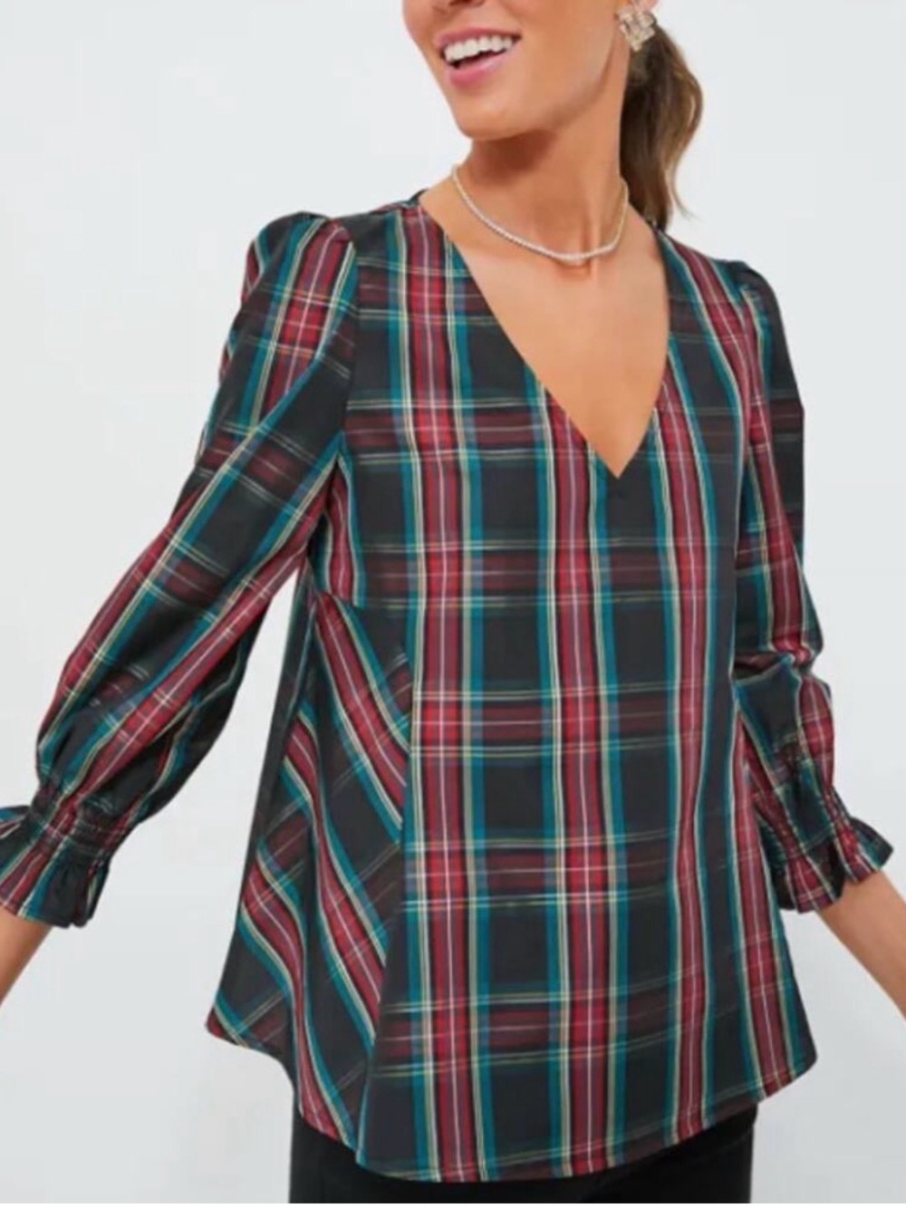 NEW Tuckernuck Easton Highland Blouse in Glen Plaid V-Neck Puff Sleeves XXL